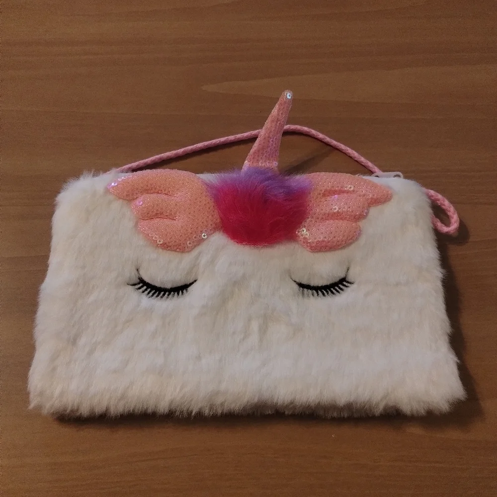 Fluffy Unicorn Crossbody Purse – Pink Sequin Horn – Kids/Teen Bag – Furry